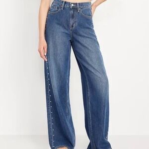 NWT Studded Medium Wash Blue Denim Jeans Baggy Wide Leg Size 20 x30 Pockets